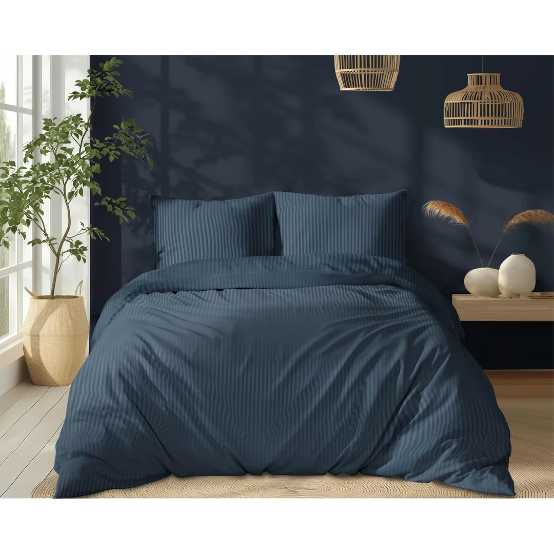 Pościel adamaszkowa 160x200 denim granatowa jednobarwna paski 1 cm Pure — zdjęcie 7