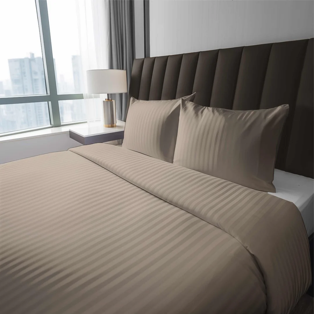 Pościel adamaszkowa 160x200 taupe beżowa ciemna jednobarwna paski 1 cm Pure — zdjęcie 5