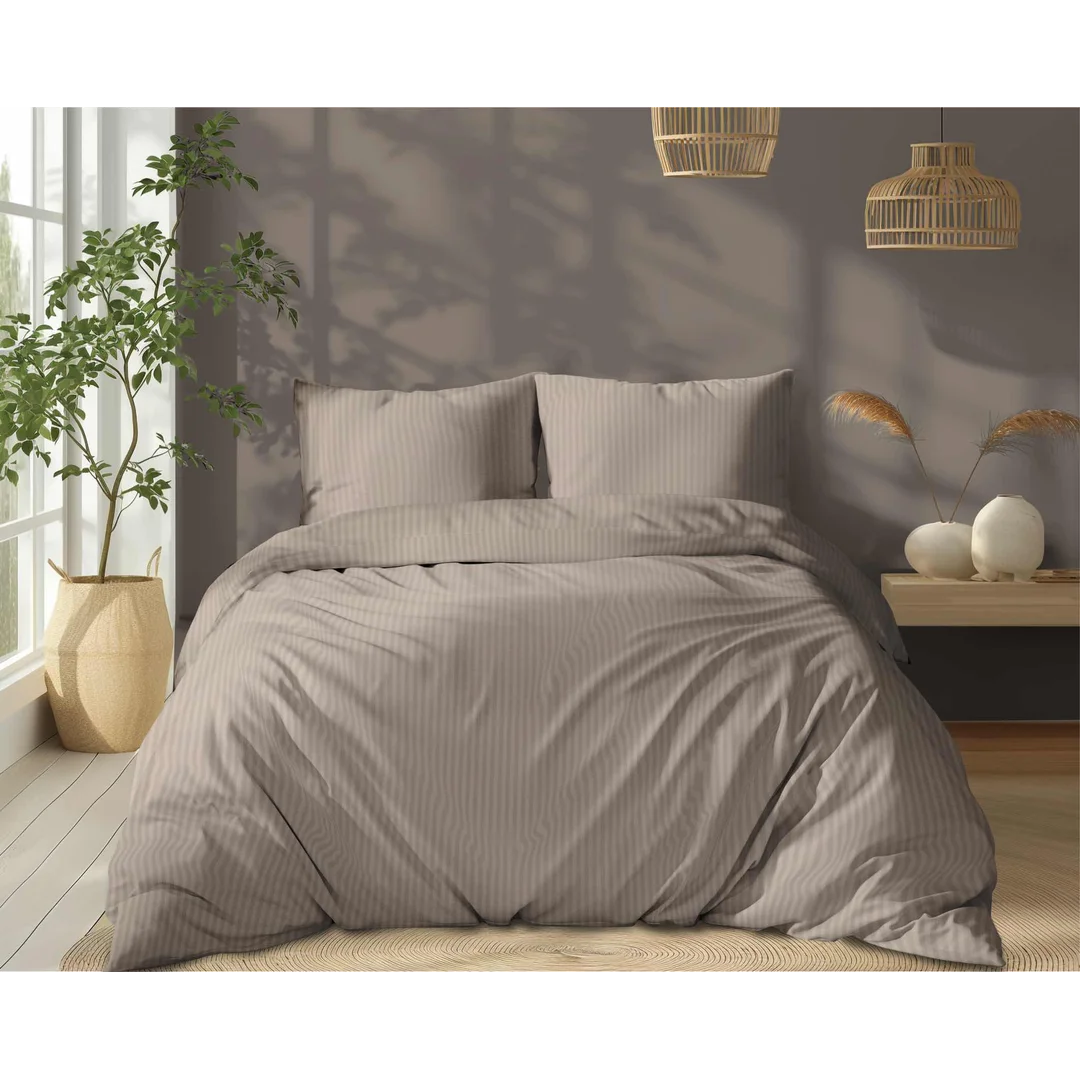 Pościel adamaszkowa 160x200 taupe beżowa ciemna jednobarwna paski 1 cm Pure — zdjęcie 7