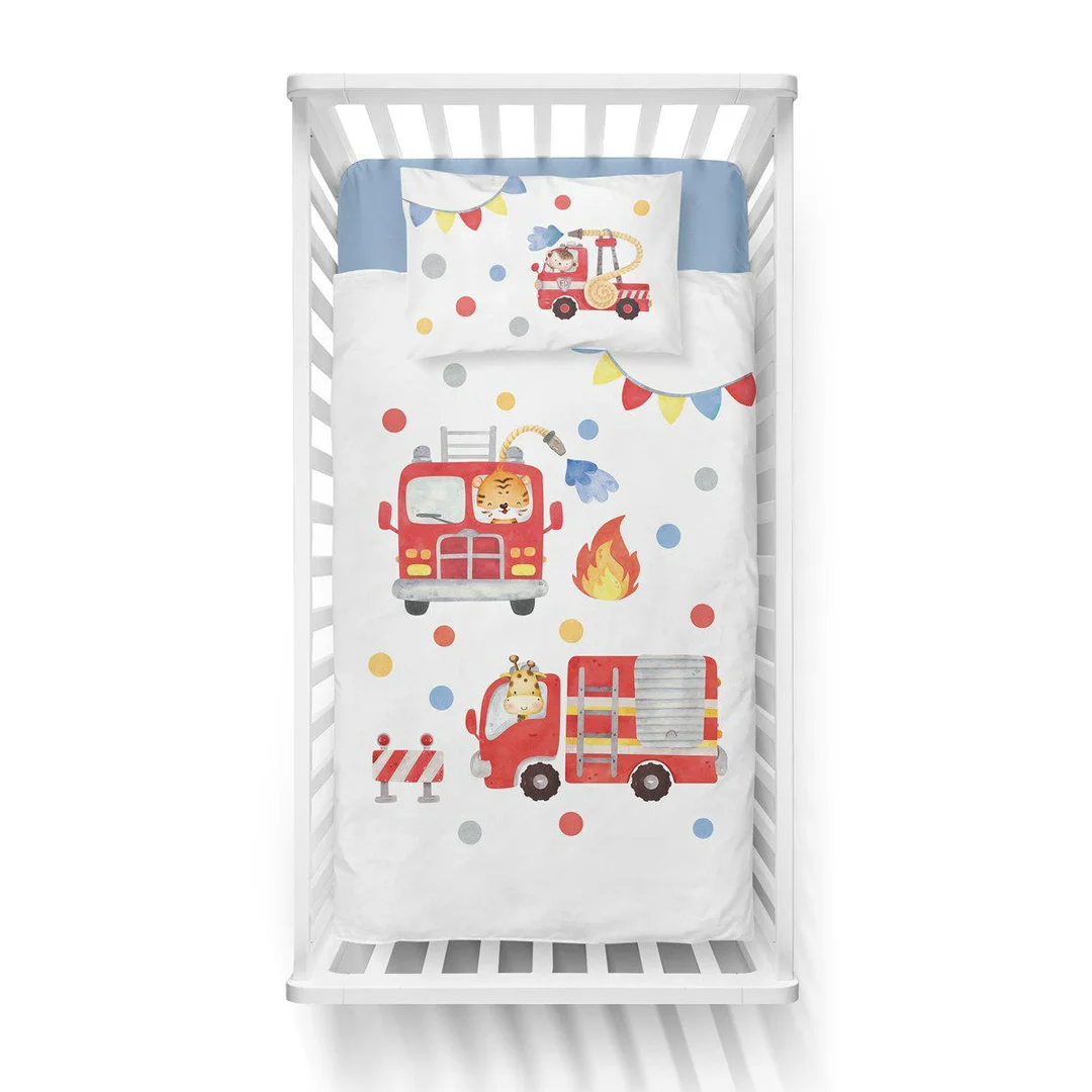 Pościel bambusowa dziecięca 100x135 biała ze strażą pożarną i zwierzątkami – 4782 B – Baby Bamboo — zdjęcie 2