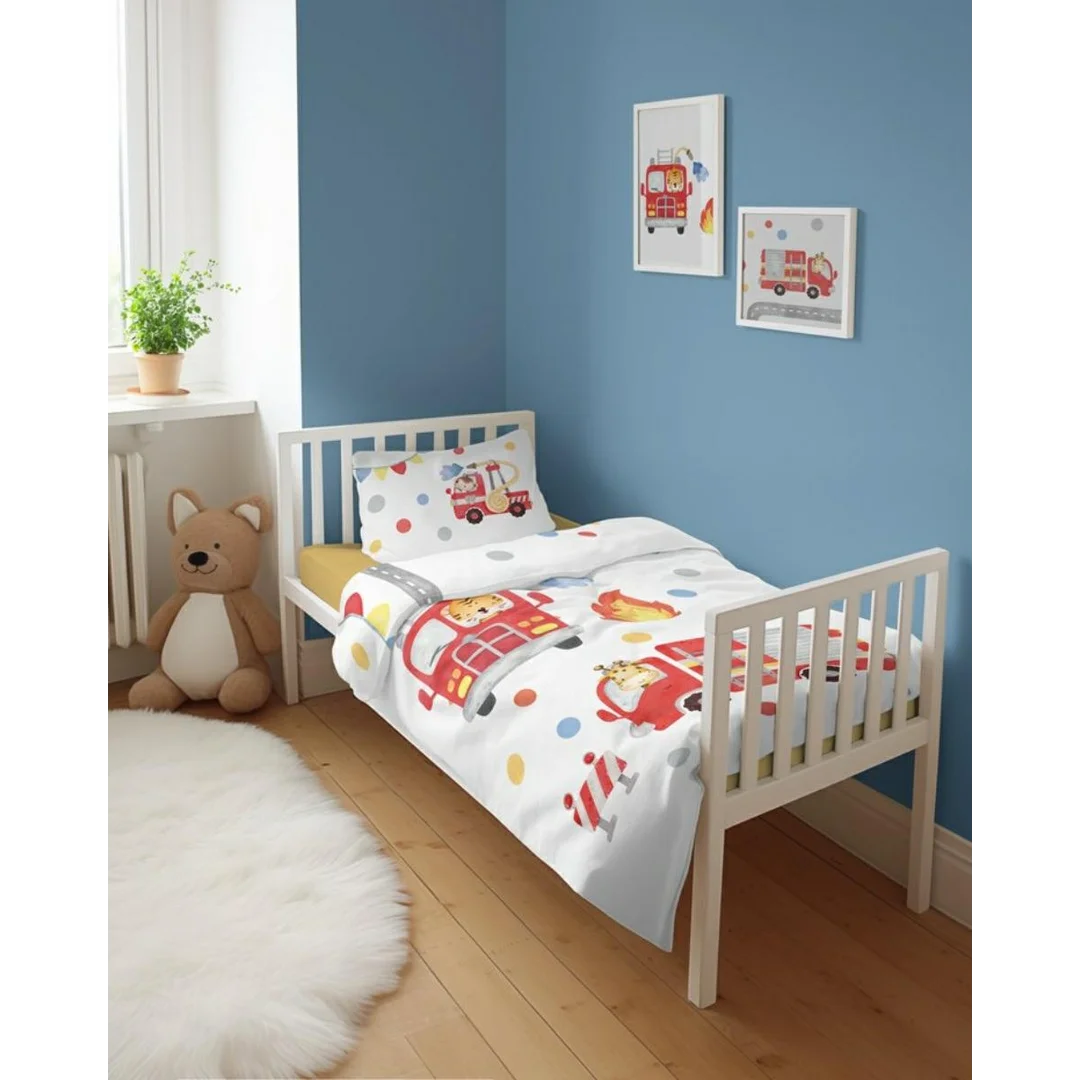 Pościel bambusowa dziecięca 100x135 biała ze strażą pożarną i zwierzątkami – 4782 B – Baby Bamboo — zdjęcie 3