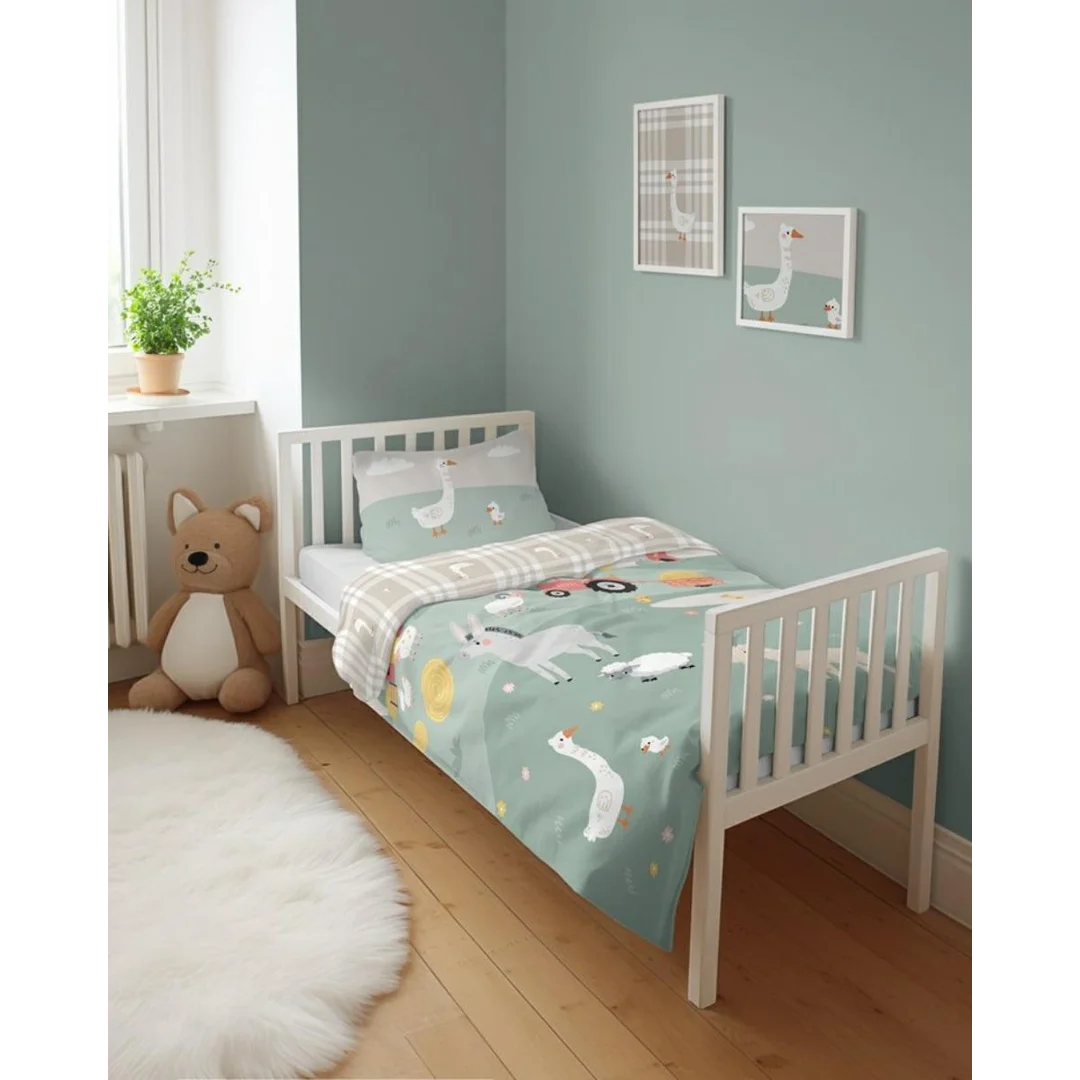 Pościel bambusowa dziecięca 100x135 farma i beżowa kratka – 4792 B – Baby Bamboo — zdjęcie 3