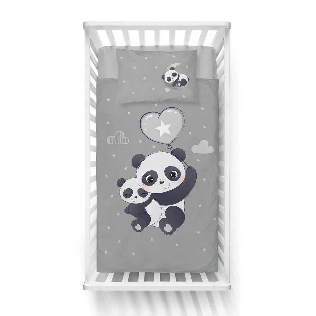 Pościel bambusowa dziecięca 90x120 szara z białymi akcentami i pandami – 4790 B – Baby Bamboo — zdjęcie 2