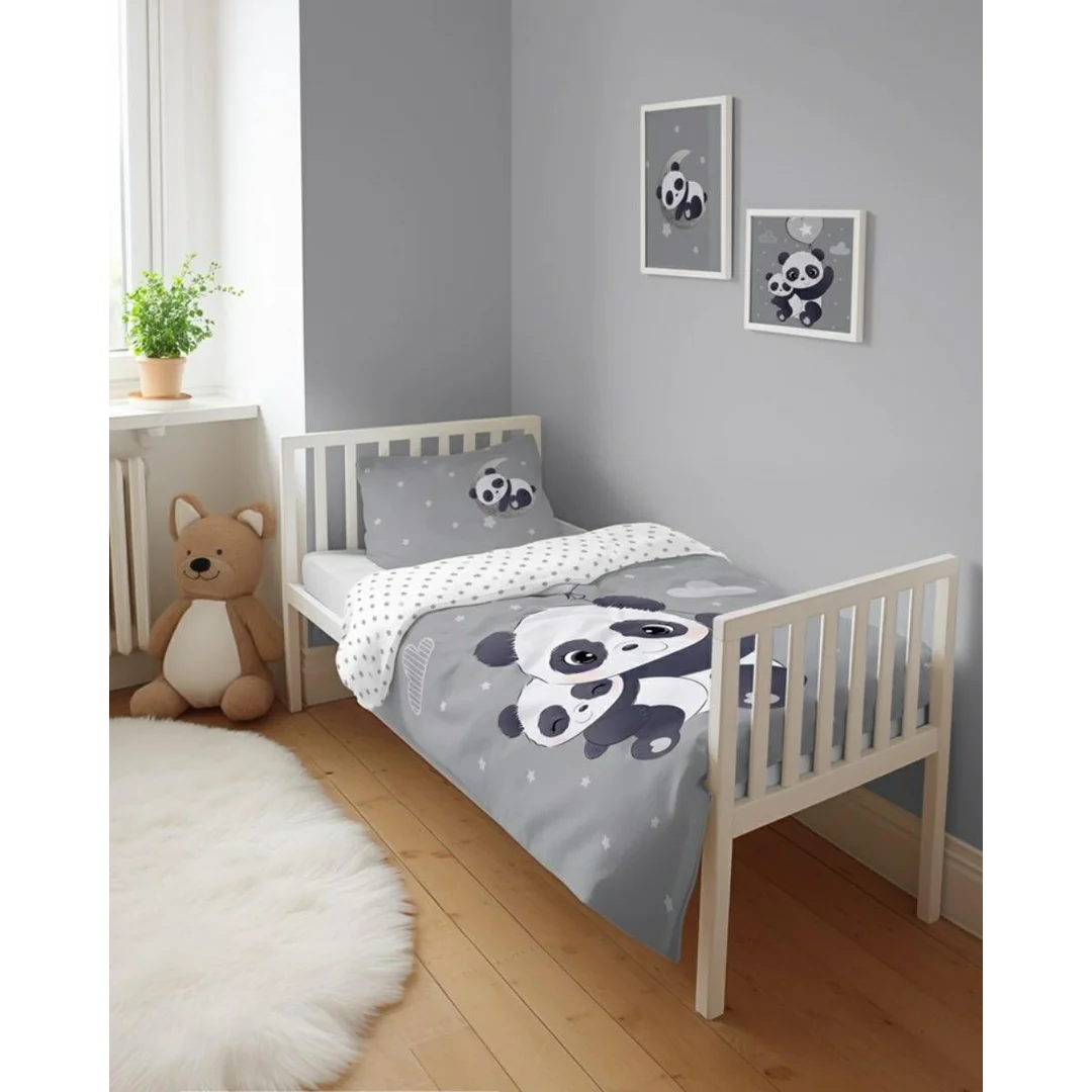 Pościel bambusowa dziecięca 90x120 szara z białymi akcentami i pandami – 4790 B – Baby Bamboo — zdjęcie 3