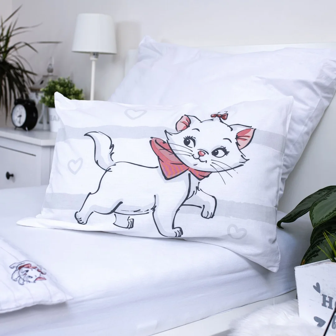 Pościel bawełniana 100x135 kotek Marie Cat Bow biała szara poszewka 40x60 JF24 — zdjęcie 4