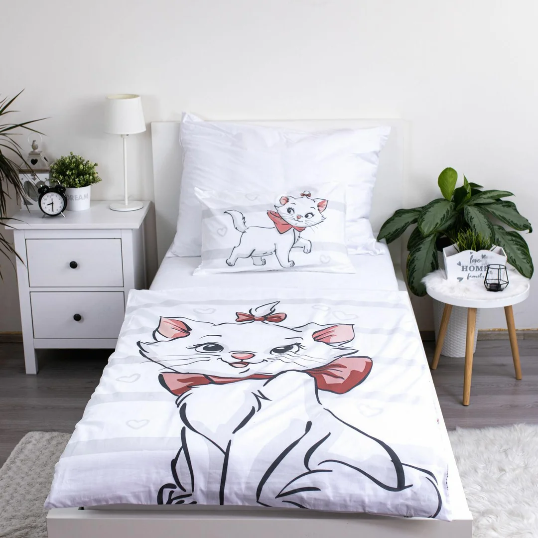 Pościel bawełniana 100x135 kotek Marie Cat Bow biała szara poszewka 40x60 JF24 — zdjęcie 5