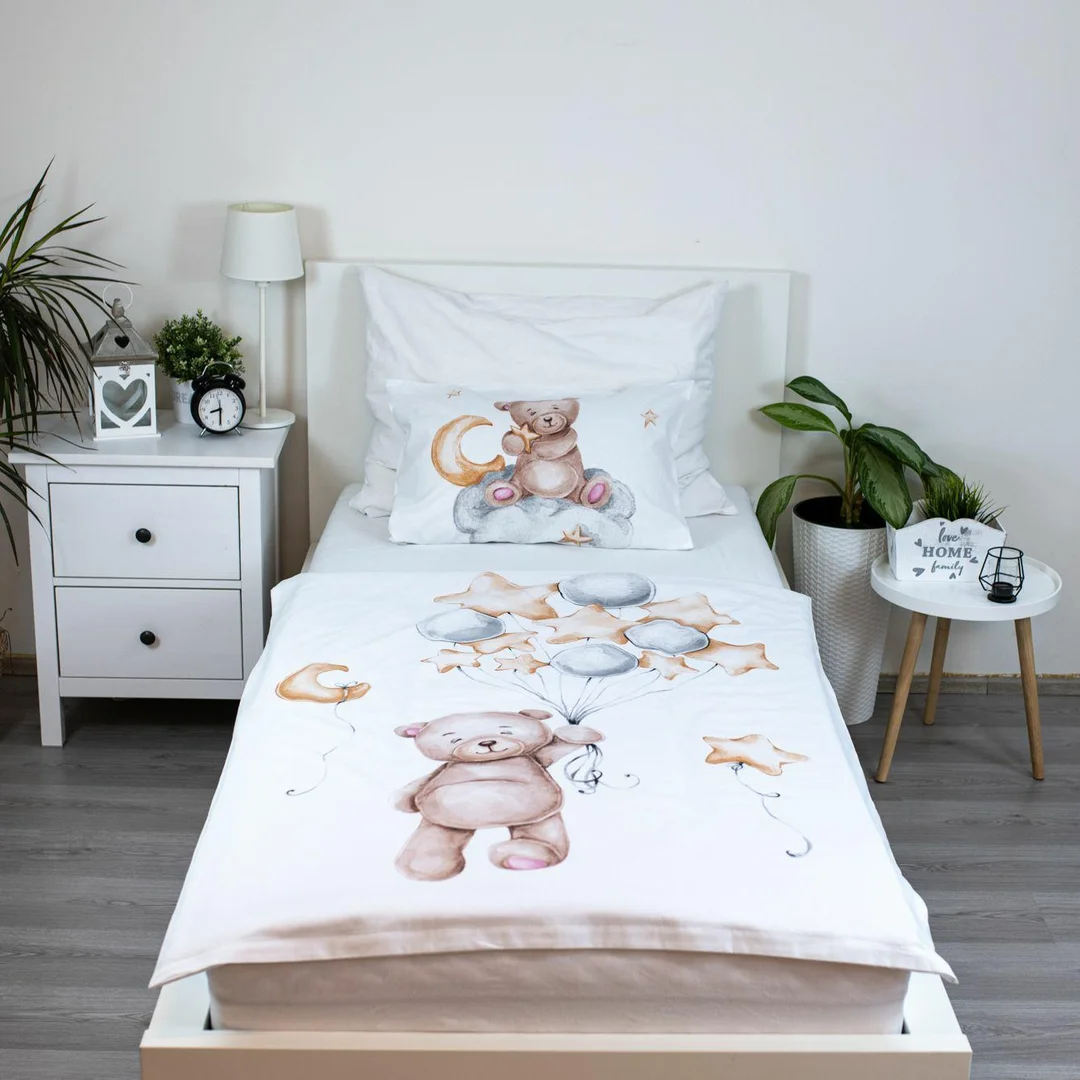 Pościel bawełniana 100x135 Miś baloniki biała beżowa poszewka 40x60 JF24 — zdjęcie 4