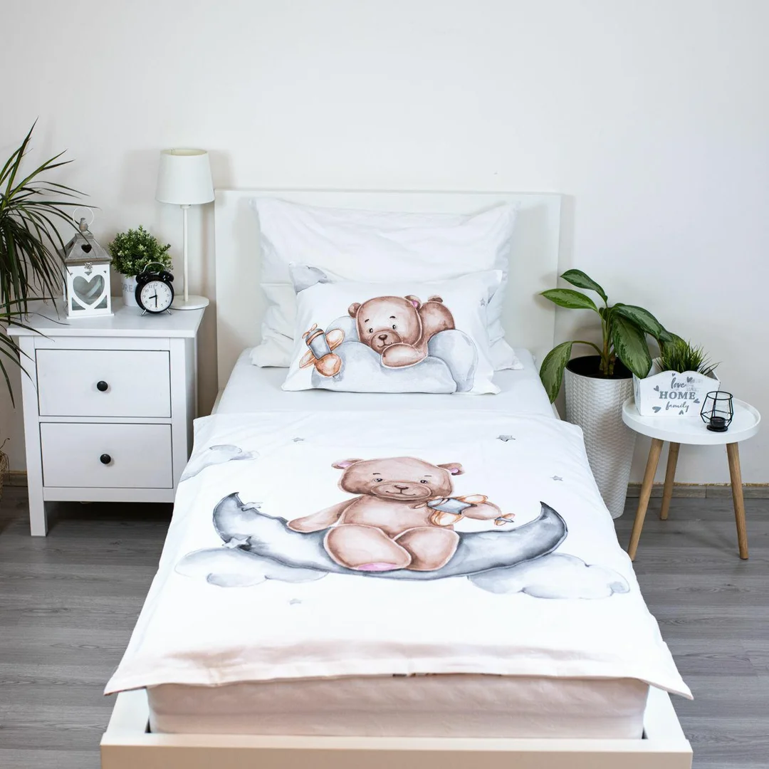Pościel bawełniana 100x135 Miś księżyc biała szara poszewka 40x60 JF24 — zdjęcie 5