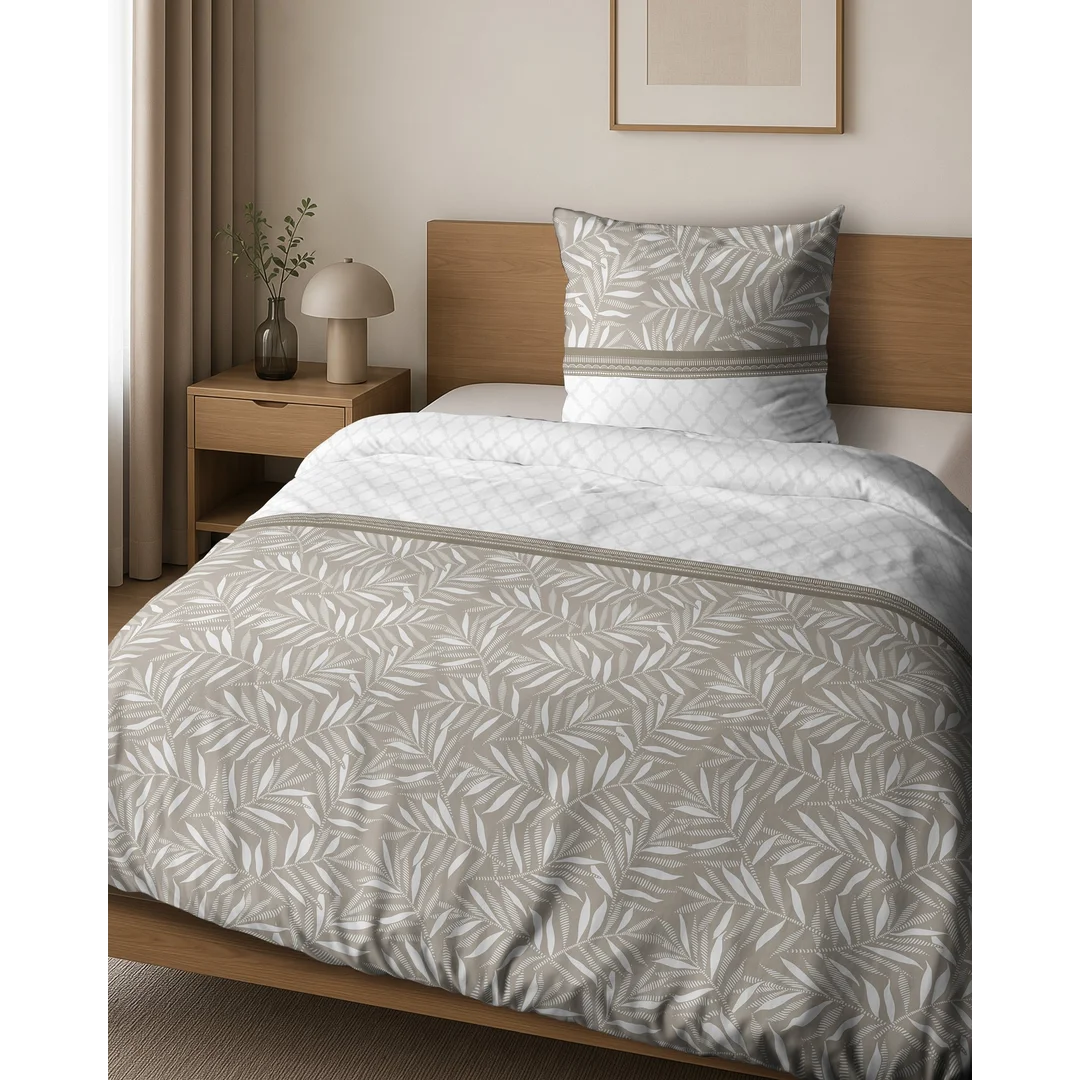 Pościel bawełniana 140x200 beżowa biała w drobny roślinny wzór - 6082 A - Home Satin — zdjęcie 2