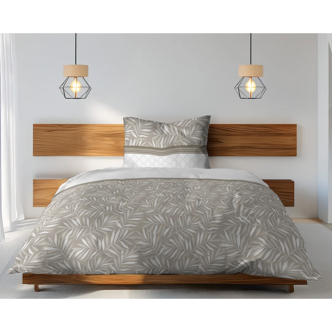 Pościel bawełniana 140x200 beżowa biała w drobny roślinny wzór - 6082 A - Home Satin — zdjęcie 3