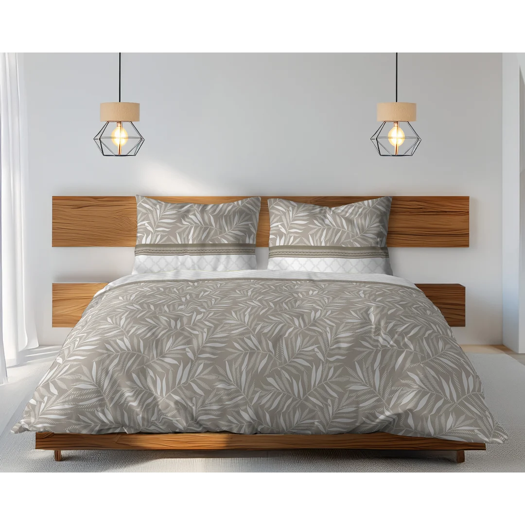 Pościel bawełniana 140x200 beżowa biała w drobny roślinny wzór - 6082 A - Home Satin — zdjęcie 7
