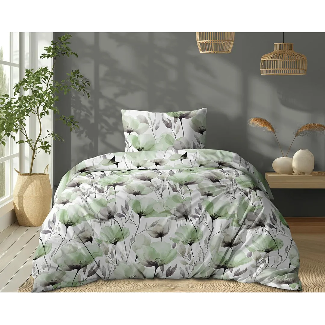 Pościel bawełniana 140x200 biała w akwarelowe zielone kwiaty - 5762 B - Floral Harmony — zdjęcie 2