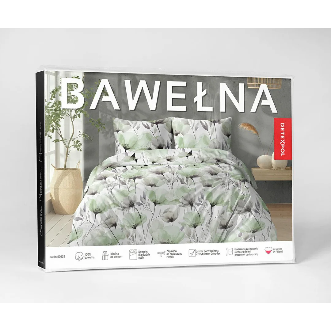 Pościel bawełniana 140x200 biała w akwarelowe zielone kwiaty - 5762 B - Floral Harmony — zdjęcie 3