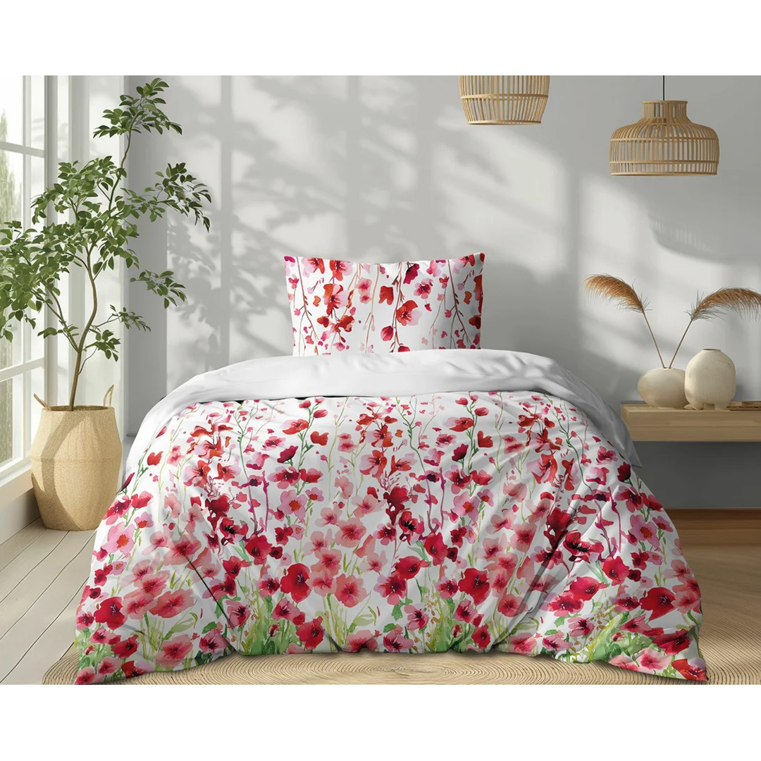 Pościel bawełniana 140x200 biała w czerwone kwiaty łąkowe - 5759 B - Floral Harmony — zdjęcie 2