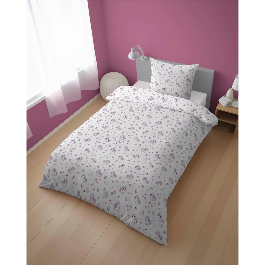 Pościel bawełniana 140x200 cm młodzieżowa biała w jednorożce i babeczki – SweetDream – wzór 5587 A — zdjęcie 2