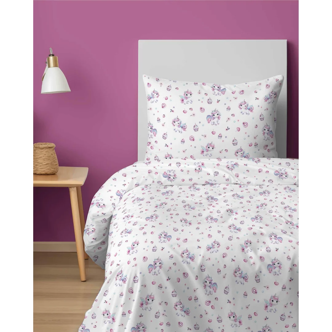 Pościel bawełniana 140x200 cm młodzieżowa biała w jednorożce i babeczki – SweetDream – wzór 5587 A — zdjęcie 3