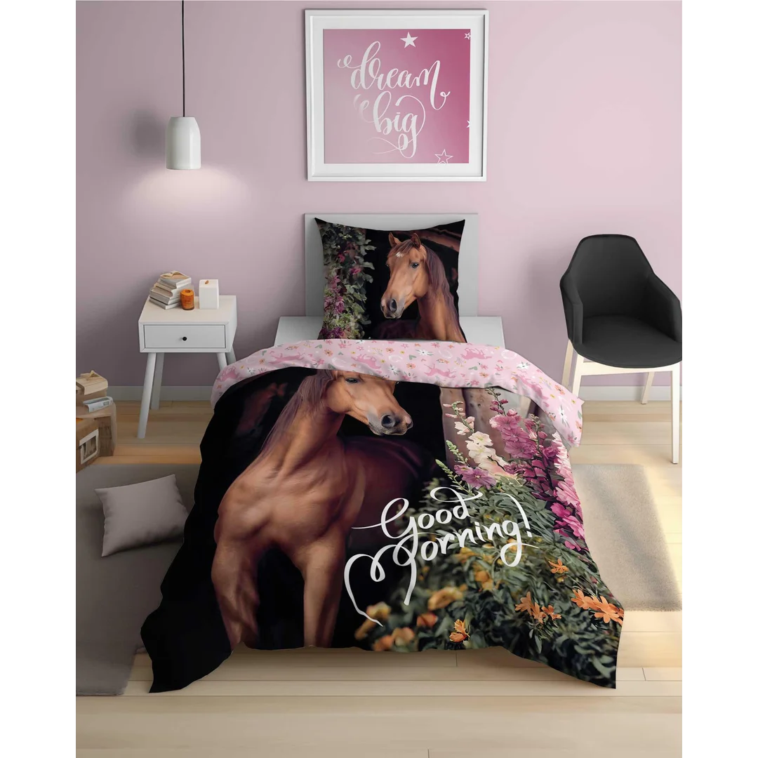 Pościel bawełniana 140x200 cm z koniem i kwiatowym tłem – DreamStyle – wzór 5580 A — zdjęcie 3