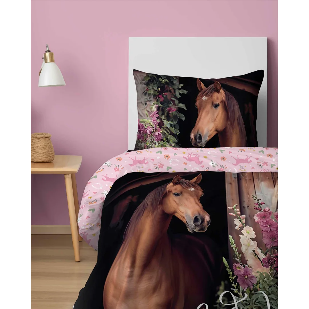 Pościel bawełniana 140x200 cm z koniem i kwiatowym tłem – DreamStyle – wzór 5580 A — zdjęcie 4