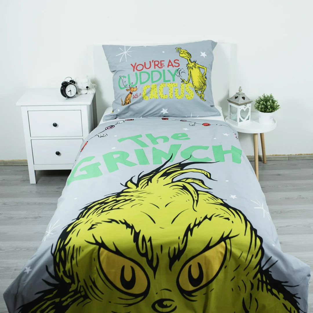Pościel bawełniana 140x200 Grinch Grinchmas szara kolorowa JF24 — zdjęcie 2