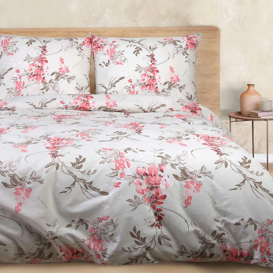 Pościel bawełniana 140x200 jasna szara w różowe kwiaty i brązowe gałązki – CottonLove — zdjęcie 5