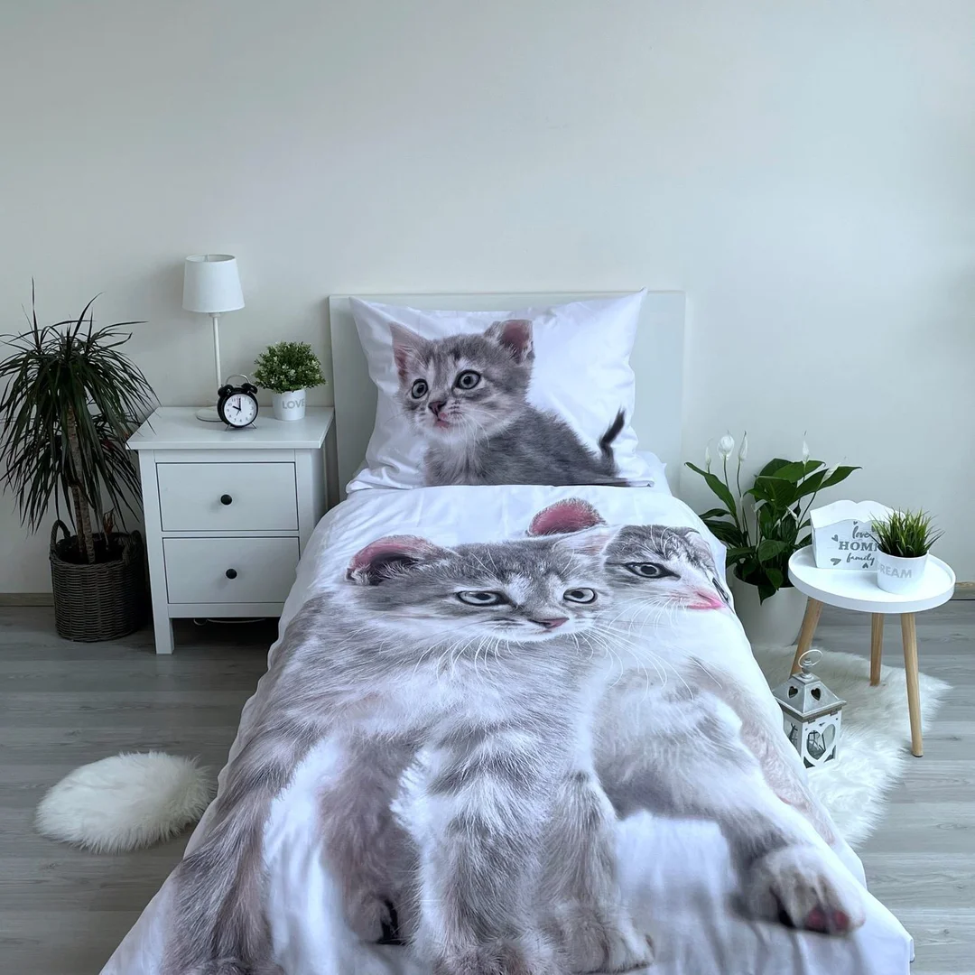 Pościel bawełniana 140x200 Kotki kotek kot szary 6572 poszewka 70x90 — zdjęcie 4
