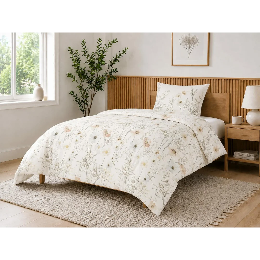 Pościel bawełniana 140x200 kremowa w pastelowe kwiaty polne - 5939 B - Botanic Calm — zdjęcie 2