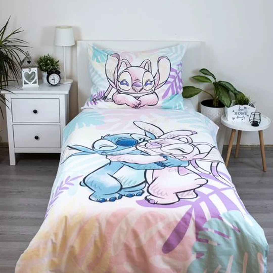 Pościel bawełniana 140x200 Lilo i Stitch liście pastelowa kolorowa poszewka 70x90 JF24 — zdjęcie 2