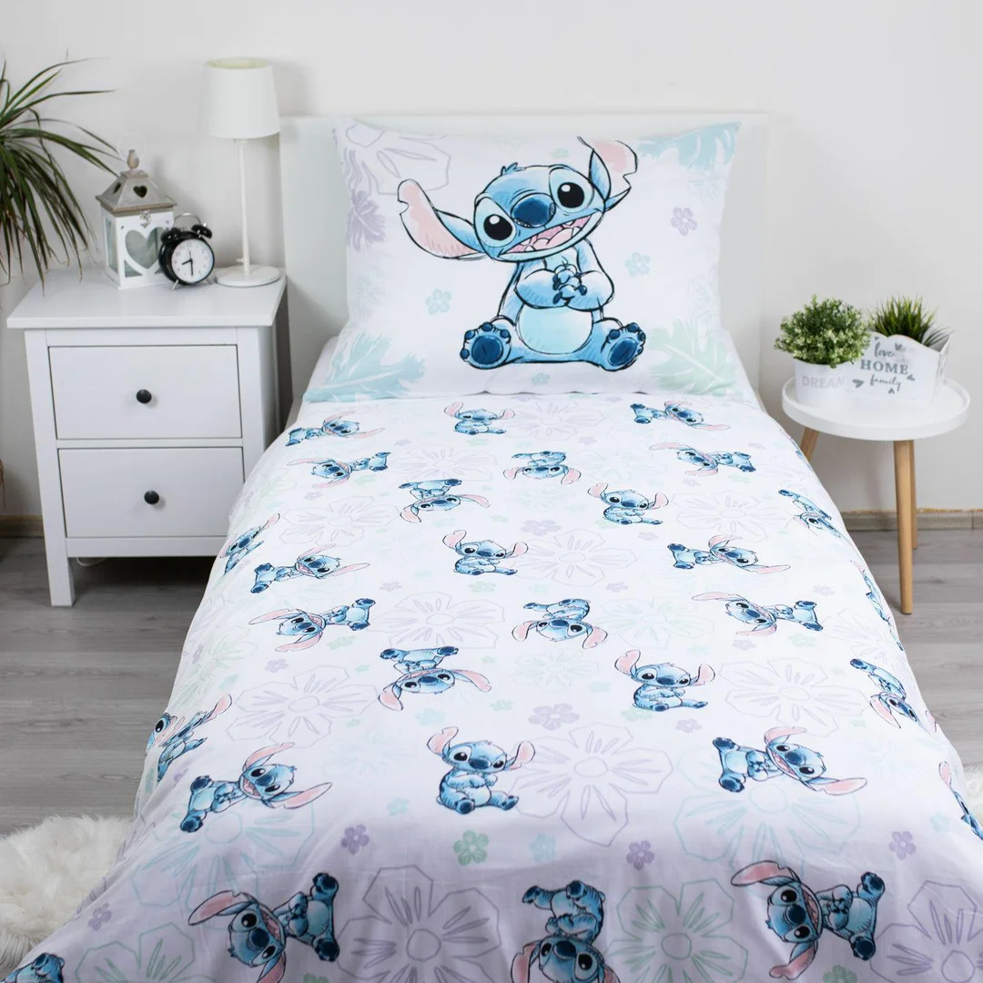 Pościel bawełniana 140x200 Lilo I Stitch Ohana biała niebieska poszewka 70x90 Jf24 — zdjęcie 3