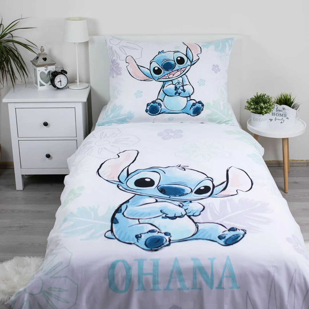 Pościel bawełniana 140x200 Lilo I Stitch Ohana biała niebieska poszewka 70x90 Jf24 — zdjęcie 6