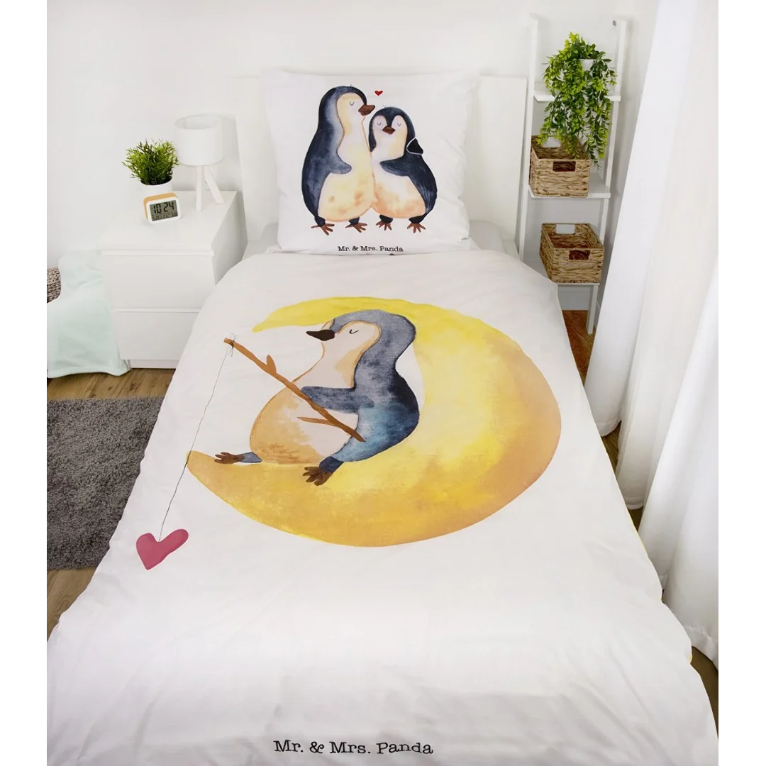 Pościel bawełniana 140x200 Pingwin Mr& Mrs Panda biała żółta poszewka 70x90 H23 — zdjęcie 2