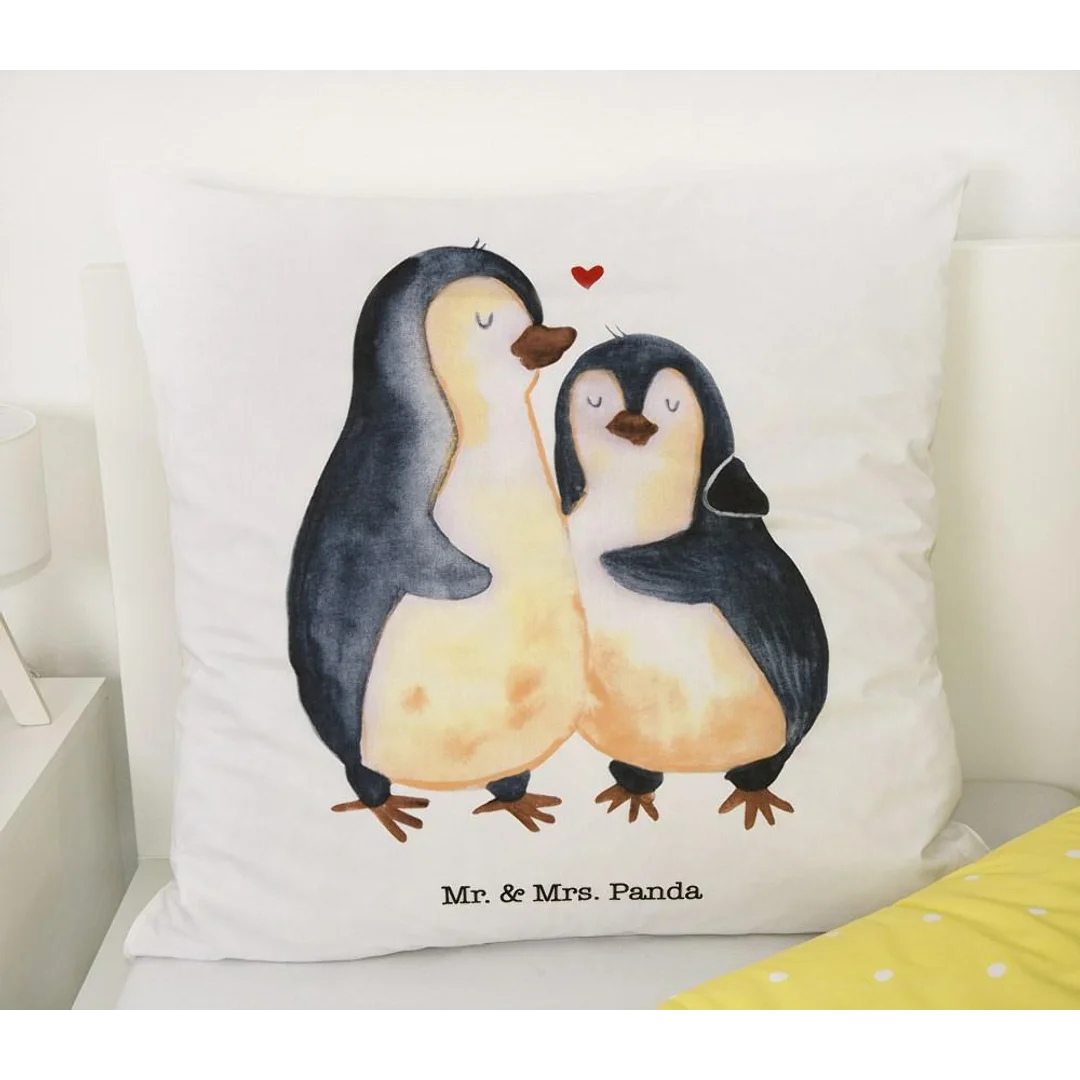Pościel bawełniana 140x200 Pingwin Mr& Mrs Panda biała żółta poszewka 70x90 H23 — zdjęcie 4