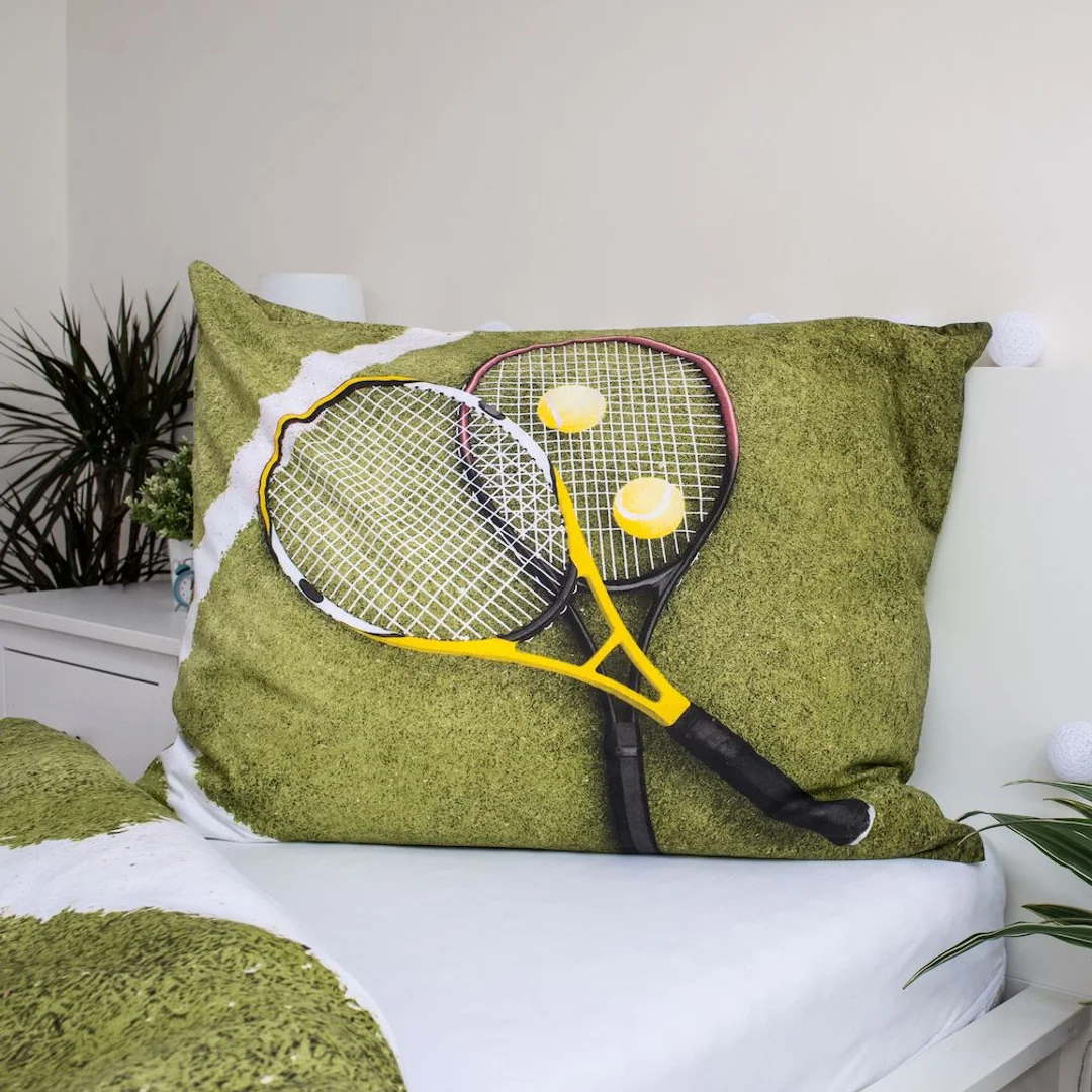 Pościel bawełniana 140x200 Tenis rakiety rakieta do tenisa piłeczki tenisowe boisko zielona biała 5260 poszewka 70x90 sportowa dla fana tenisa — zdjęcie 3