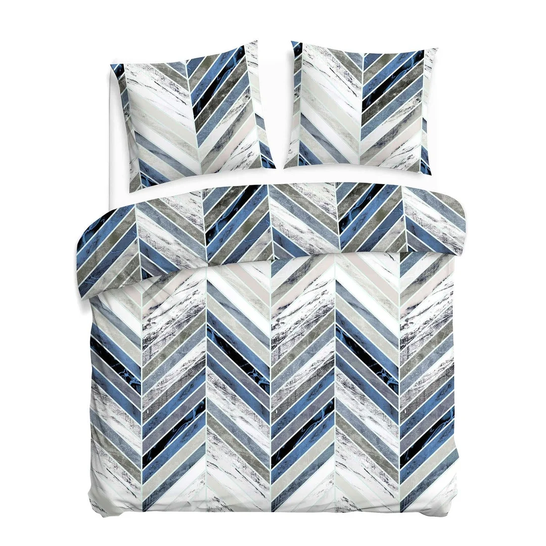 Pościel bawełniana 160x200 biała niebiesko-szara w geometryczną jodełkę – CottonLove — zdjęcie 2