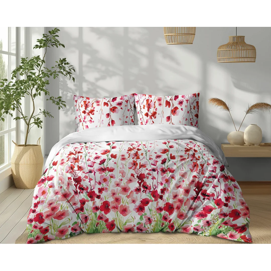 Pościel bawełniana 160x200 biała w czerwone kwiaty łąkowe - 5759 B - Floral Harmony — zdjęcie 2