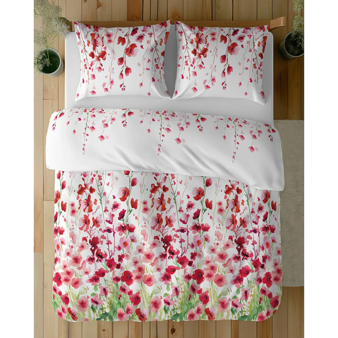 Pościel bawełniana 160x200 biała w czerwone kwiaty łąkowe - 5759 B - Floral Harmony — zdjęcie 3