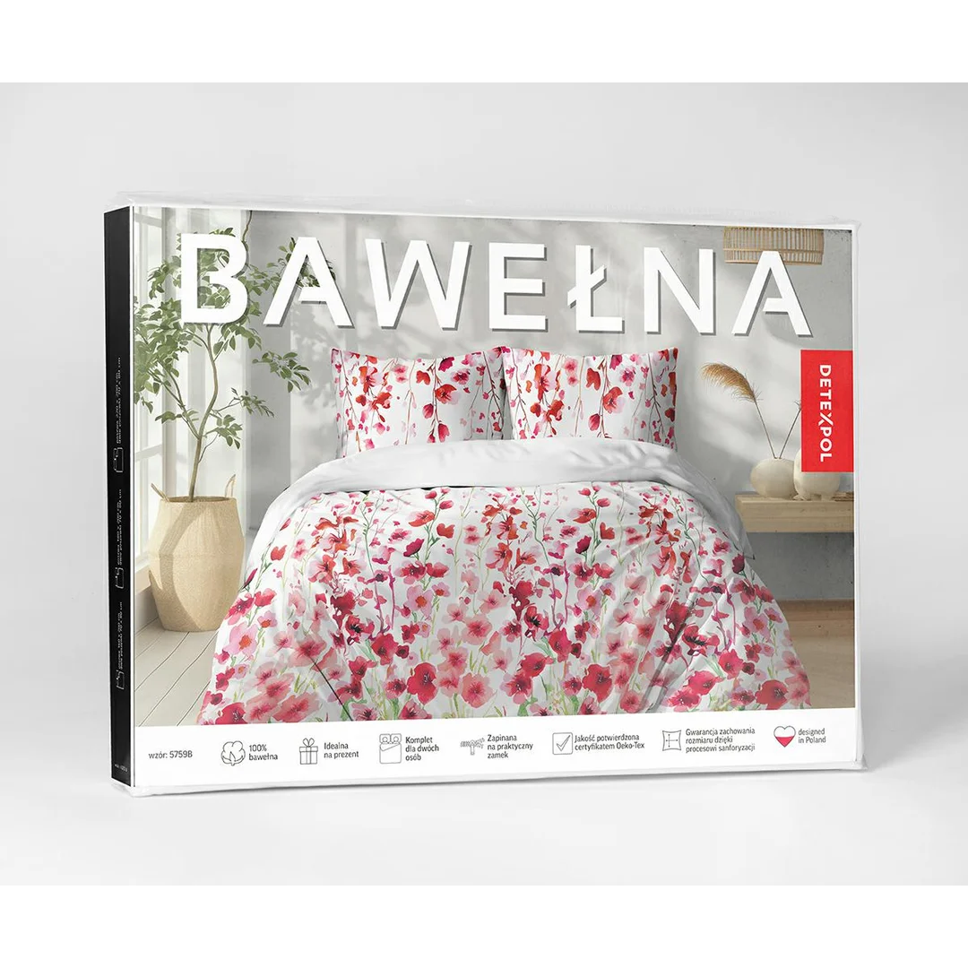 Pościel bawełniana 160x200 biała w czerwone kwiaty łąkowe - 5759 B - Floral Harmony — zdjęcie 4