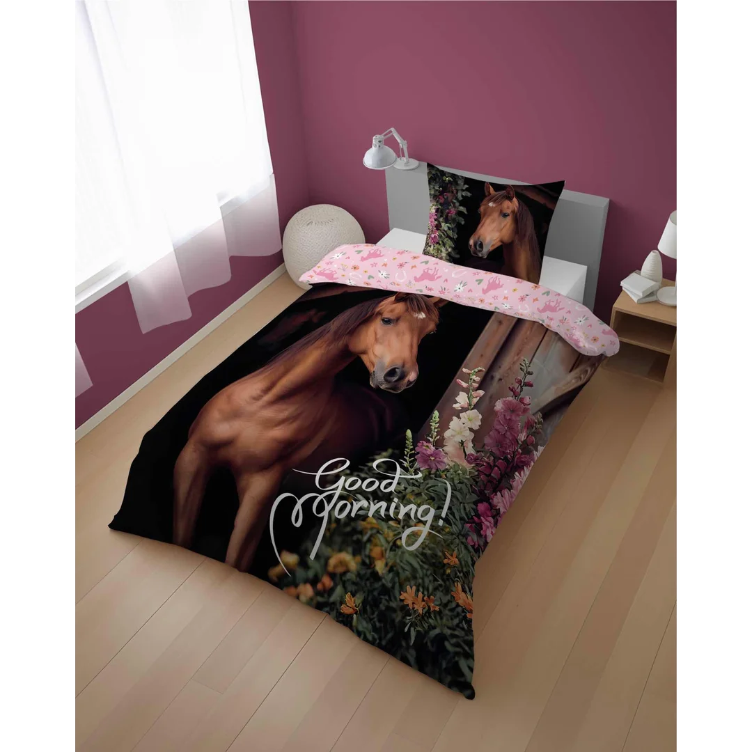 Pościel bawełniana 160x200 cm z koniem i kwiatowym tłem – DreamStyle – wzór 5580 A — zdjęcie 2