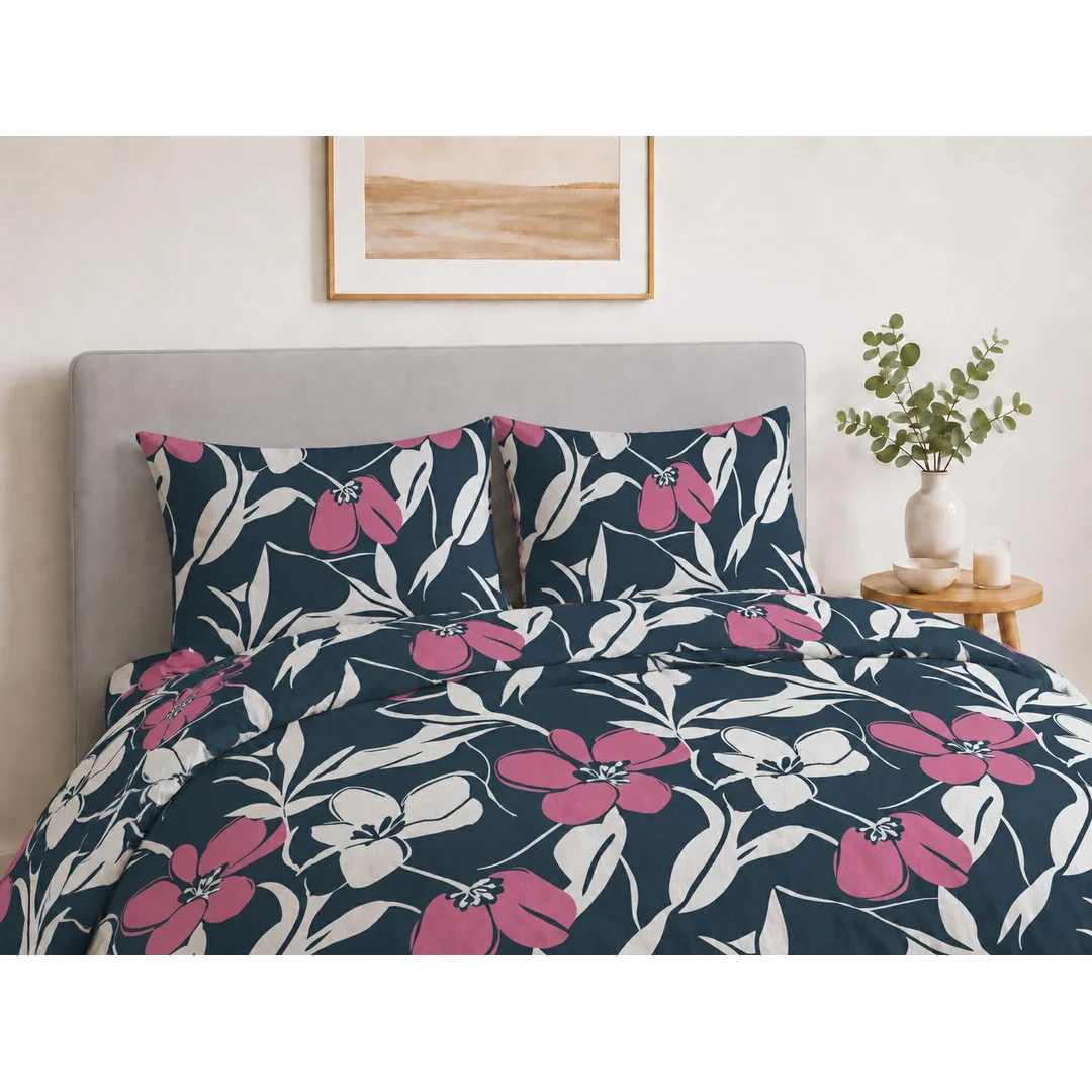 Pościel bawełniana 160x200 grafitowa w białe liście i różowe kwiaty - 5933 B - Botanic Calm — zdjęcie 2
