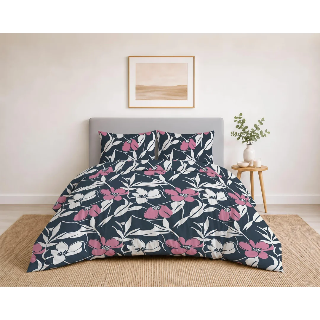 Pościel bawełniana 160x200 grafitowa w białe liście i różowe kwiaty - 5933 B - Botanic Calm — zdjęcie 3