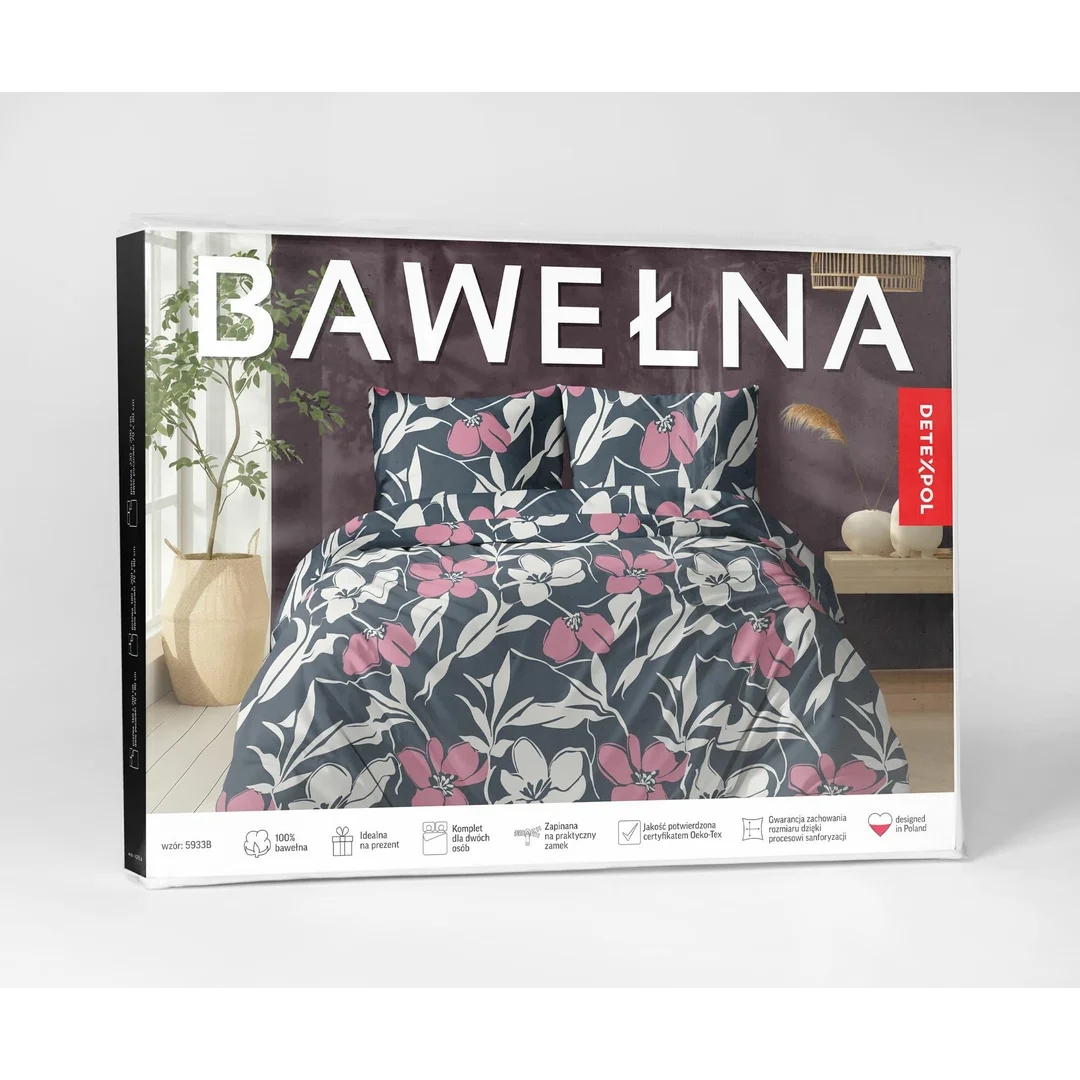 Pościel bawełniana 160x200 grafitowa w białe liście i różowe kwiaty - 5933 B - Botanic Calm — zdjęcie 5
