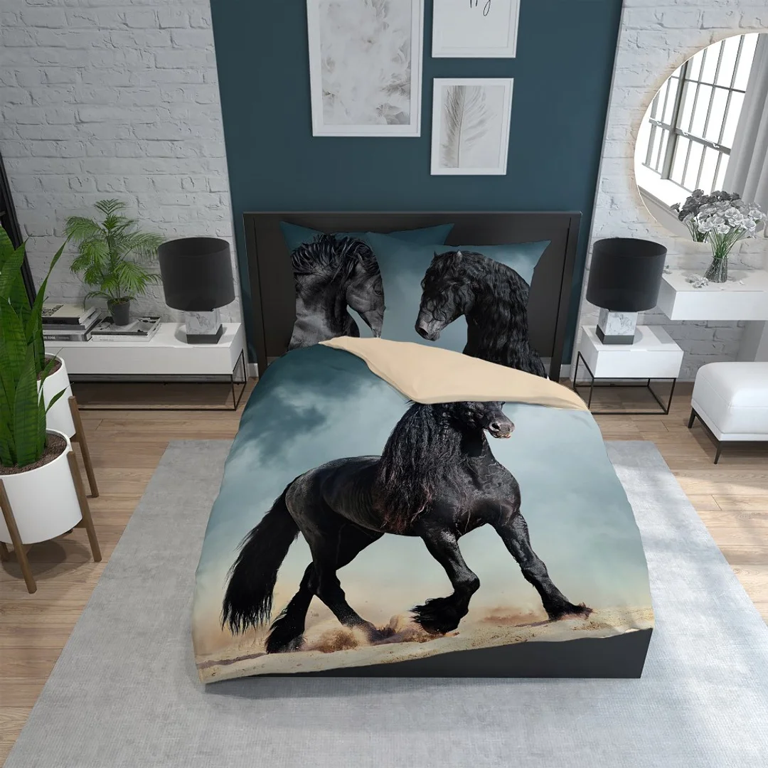 Pościel bawełniana 160x200 koń czarny beżowa 3925 A Holland Natura 100 — zdjęcie 4