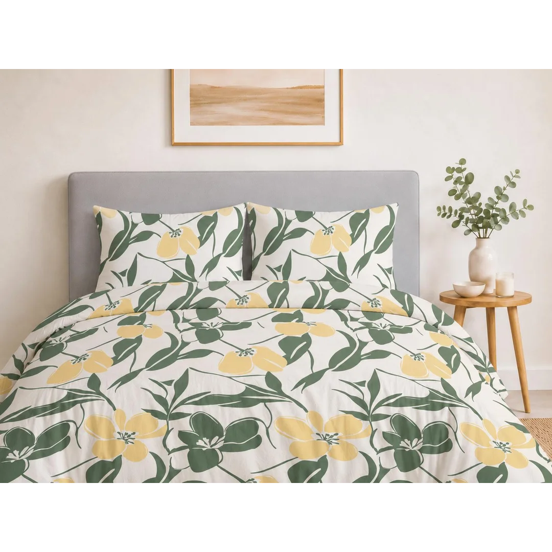 Pościel bawełniana 160x200 kremowa w zielone liście i żółte kwiaty - 5933 A - Botanic Calm — zdjęcie 2