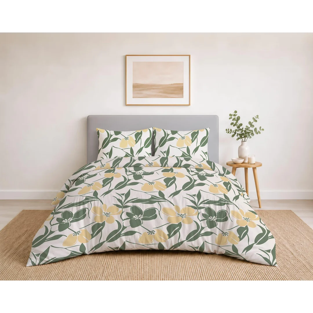 Pościel bawełniana 160x200 kremowa w zielone liście i żółte kwiaty - 5933 A - Botanic Calm — zdjęcie 3