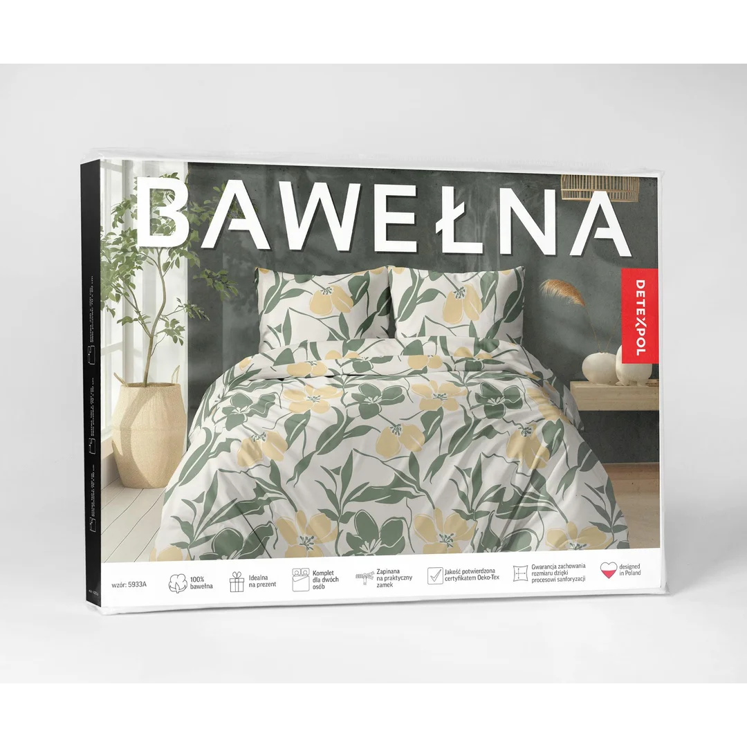 Pościel bawełniana 160x200 kremowa w zielone liście i żółte kwiaty - 5933 A - Botanic Calm — zdjęcie 5