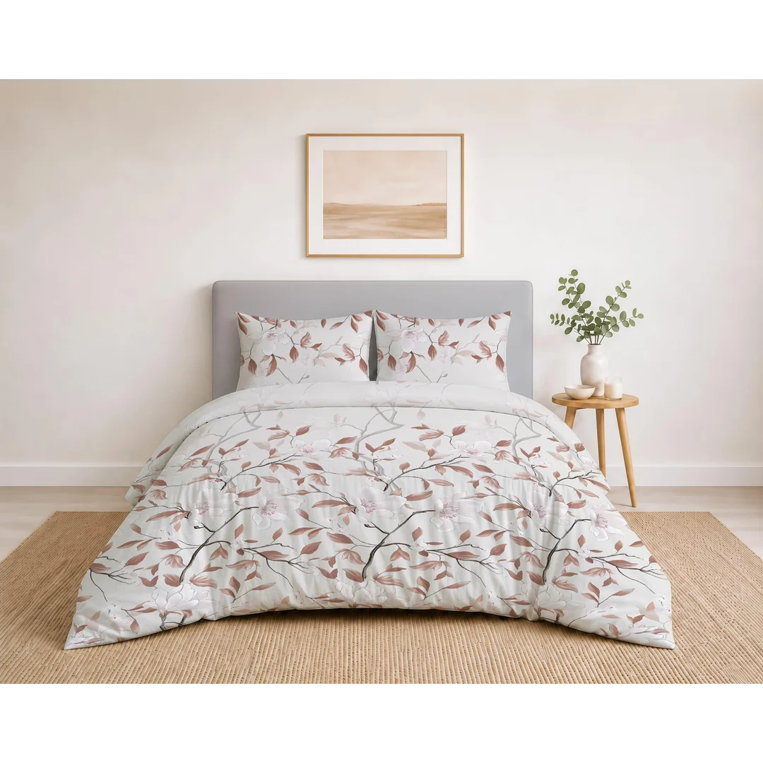 Pościel bawełniana 180x200 beżowa w brązowe liście i różowe kwiaty - 5937 A - Botanic Calm — zdjęcie 3