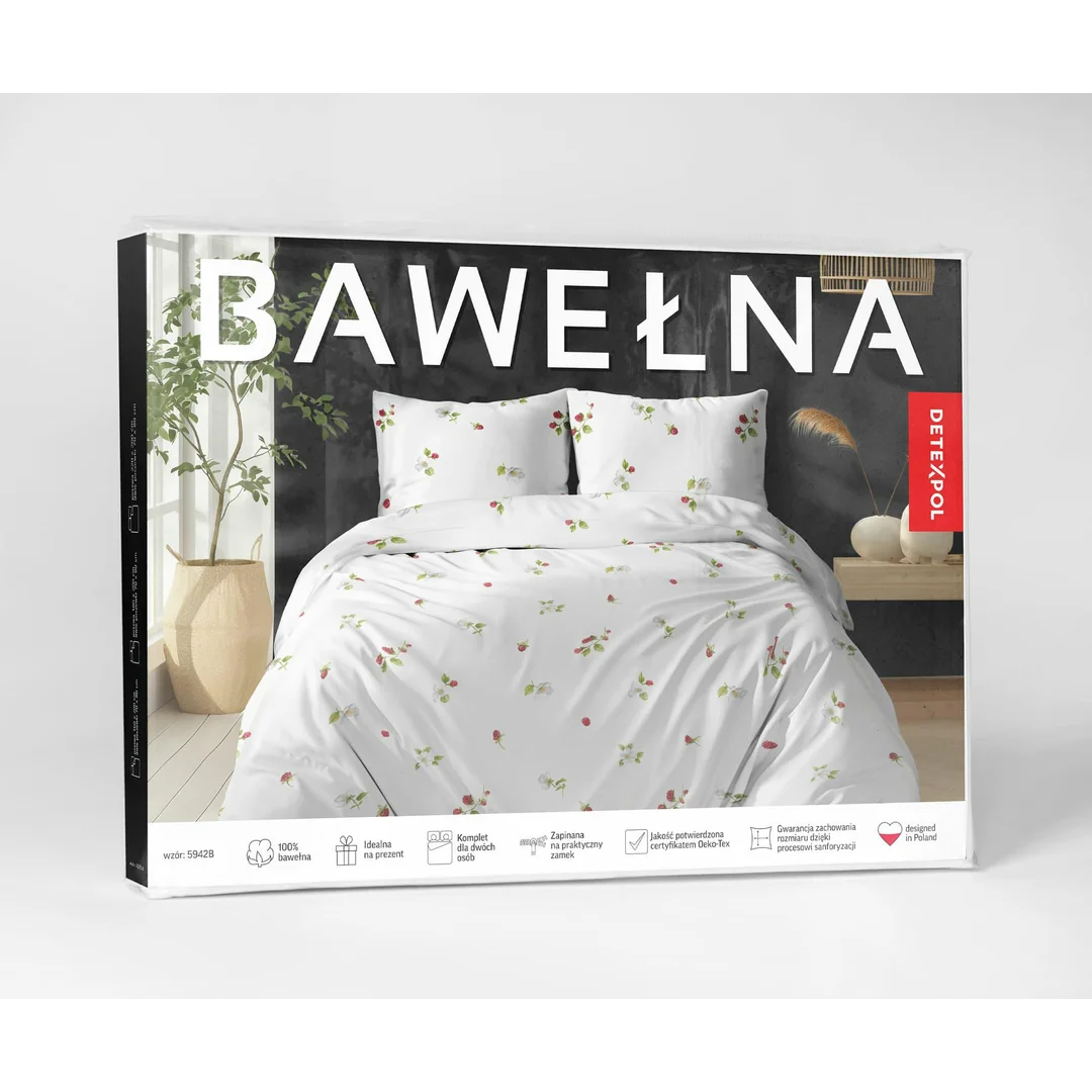 Pościel bawełniana 180x200 biała w drobne białe kwiatki i maliny - 5942 B - Botanic Calm — zdjęcie 5