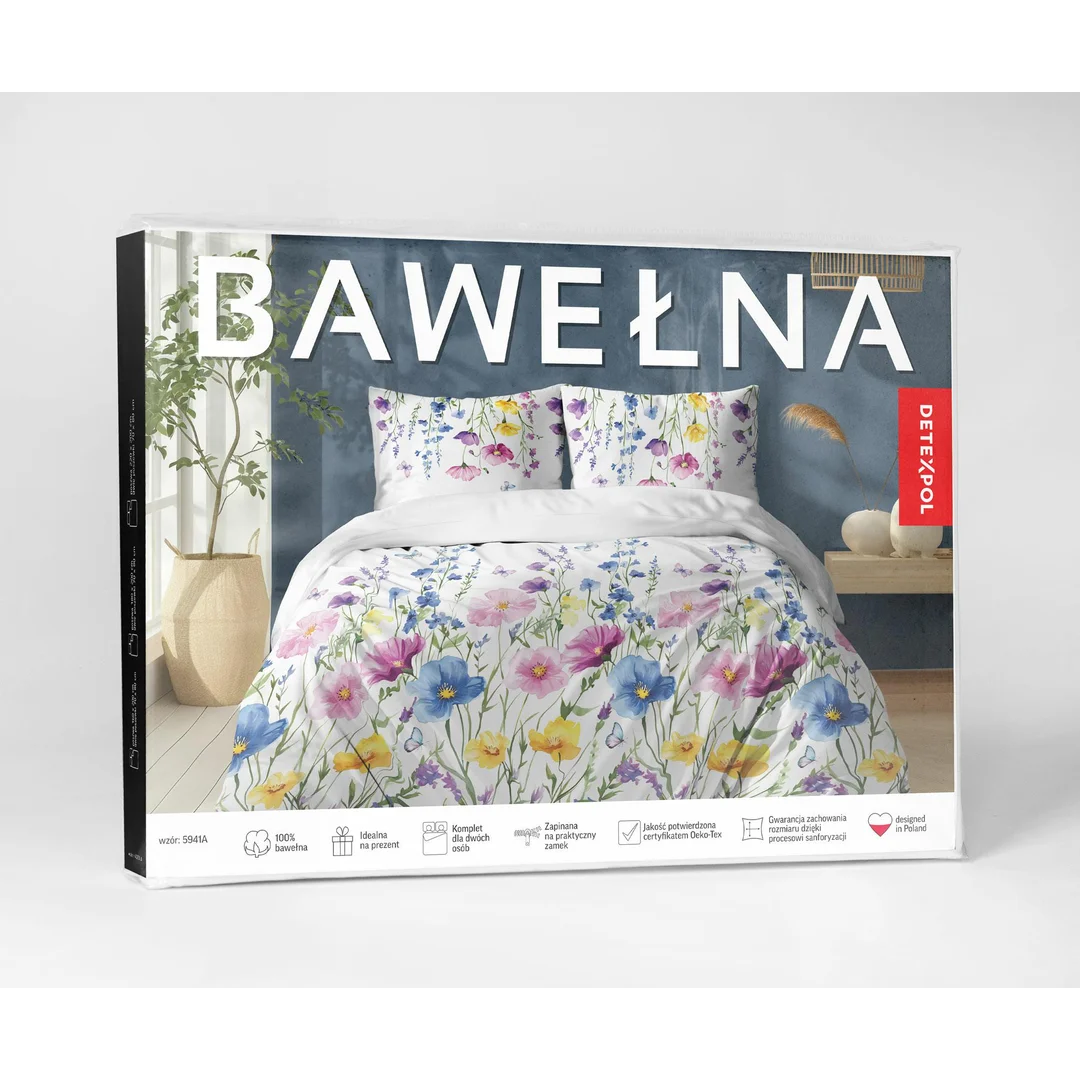 Pościel bawełniana 180x200 biała w niebieskie, różowe i żółte kwiaty polne - 5941 A - Botanic Calm — zdjęcie 5