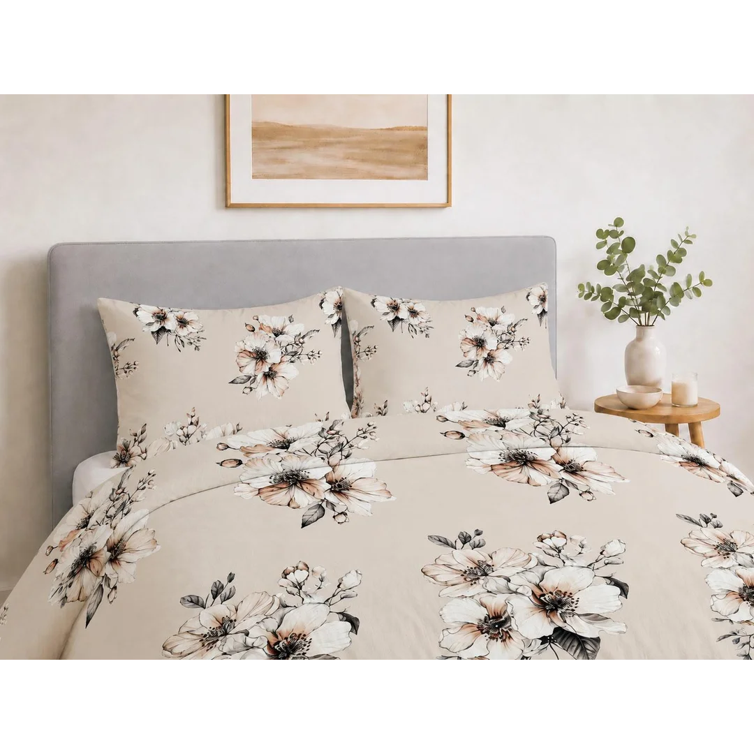 Pościel bawełniana 220x200 beżowa w duże beżowo-białe kwiaty - 5932 B - Botanic Calm — zdjęcie 2