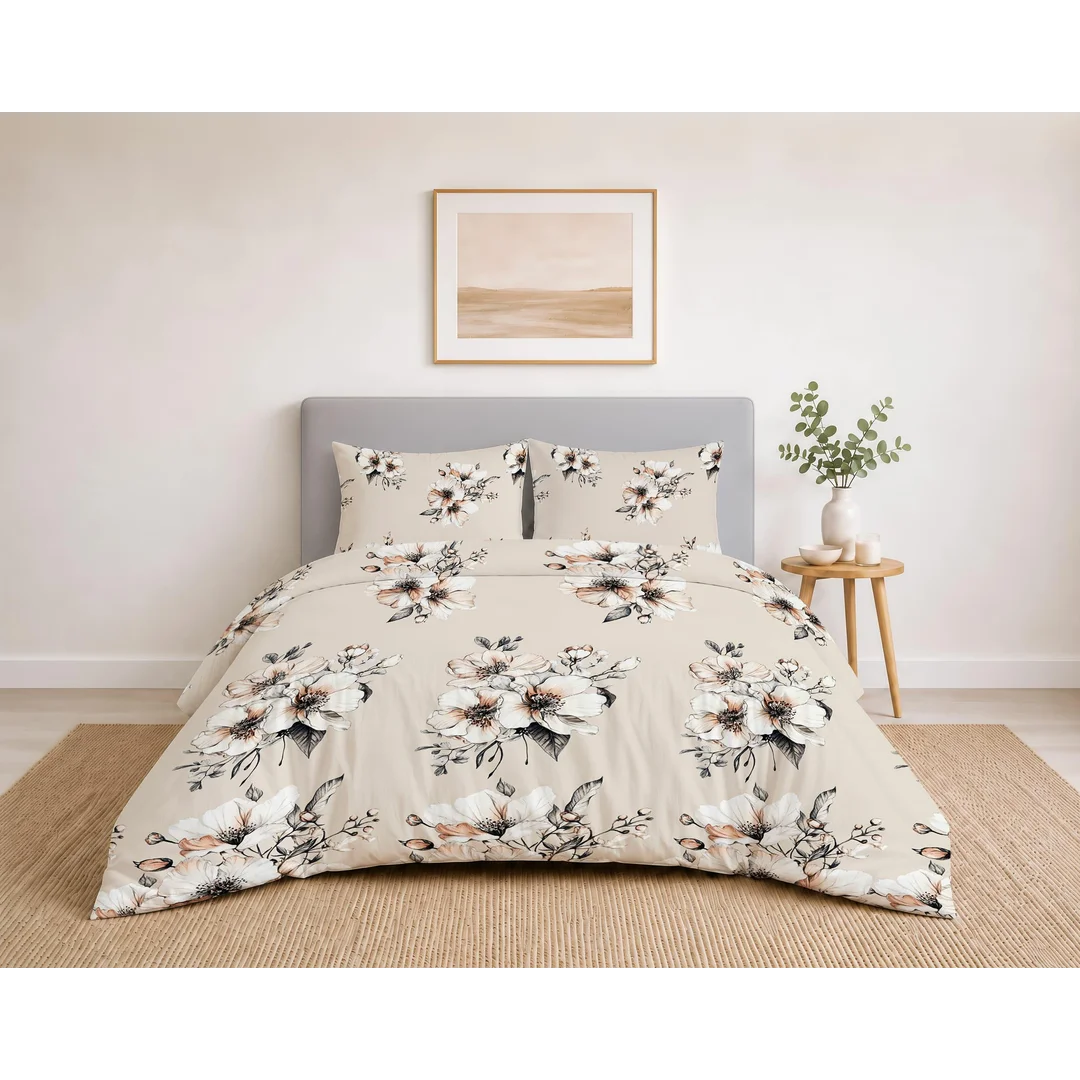 Pościel bawełniana 220x200 beżowa w duże beżowo-białe kwiaty - 5932 B - Botanic Calm — zdjęcie 3