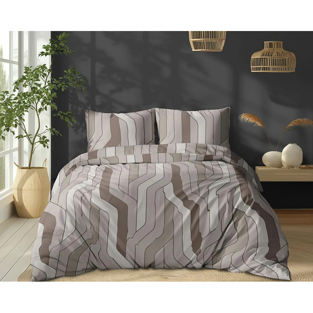 Pościel bawełniana 220x200 beżowa w geometryczny wzór w linie - 5753 A - Floral Harmony — zdjęcie 2